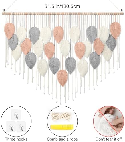 Large Macrame Wall Hanging Boho Leaf Feather Woven Tapestry 51.5"WX33.5"L - Image 2