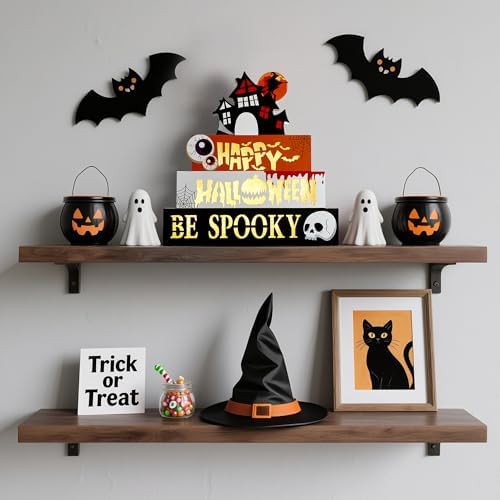 Halloween Decorations Indoor 9.4" 4-Tier Wooden Block Set with Glowing 3D Letters, Witch's House Topper, Battery Operated Spooky Halloween Décor Built-in Timer for Home, Mantel, Shelf, Table Decor - Image 4