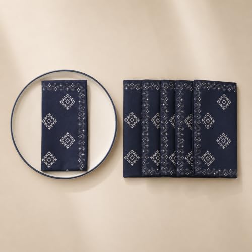 100% Cotton Printed Cloth Napkins Set of 6, 18x18 Inch Reusable Dinner Napkins, Soft Washable Floral Table Napkins for Dining, Parties & Hosting - Navy Cubes - Image 3