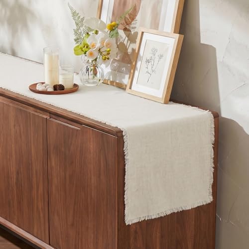 KINGSTONE 14 x 120 Inches Frayed Edge Table Runner, 270G Heavyweight Sand Washed Slub Texture Cotton Linen for Modern Farmhouse, Rustic Home Decorations Dining Room Wedding Boho Decor, Natural - Image 4