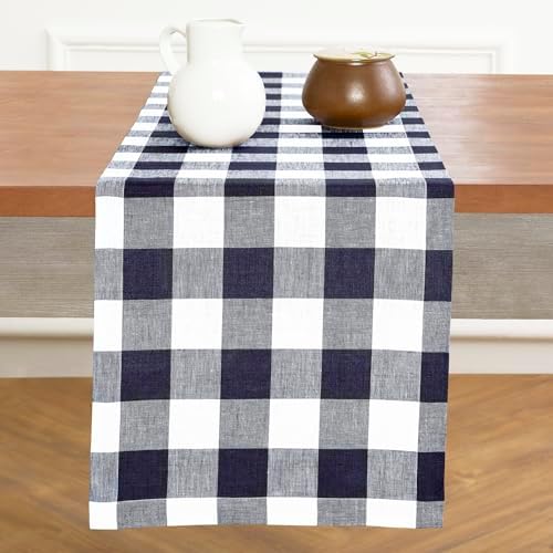 Solino Home 100% Pure Linen Table Runner, 14 x 132 in, Navy and White Check by SolinoHome