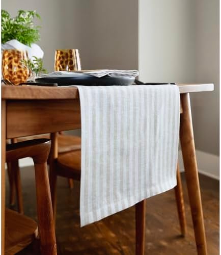 Solino Home 100% Linen Table Runner, 14 x 132 in, Natural and White Striped - Image 2