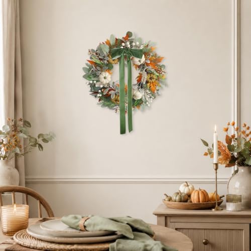 20 Inch Pre-Lit Cream and Gold Pumpkin Fall Wreath for Front Door - Image 5