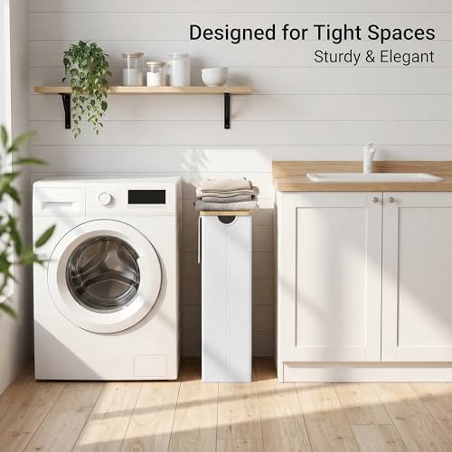 efluky Slim Laundry Basket with Lid, Narrow Laundry Hamper with Removable Bag, Skinny Dirty Clothes Basket with Bamboo Handles for Bathroom, Bedroom & Laundry Room, 75L White - Image 6