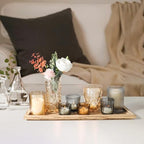 Rustic Wooden Tray with 8 Brown Glass Votive Candle Holders - Image 4