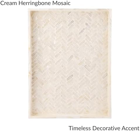 PEMAR Handmade Capiz Shell Decorative Serving Tray – Mother of Pearl Finish Herringbone Mosaic Rectangular Tray with Handles, 15.74 x 11.8 x 2 in, for Coffee Table & Home Decor - Image 5