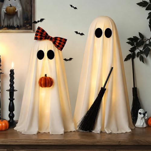 Halloween Decorations Indoor, 2 Pack Lighted Ghost Decor with Broom Pumpkin by Zesua