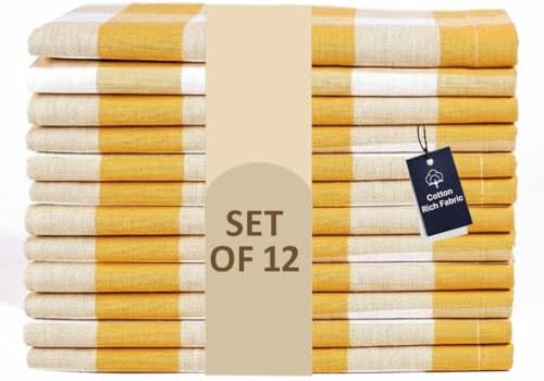 LFH Home Buffalo Check Cloth Dinner Napkins Set of 12, Cotton Napkins, 100% Cotton Checkered Wedding Christmas New Year Dinner Napkins with Mitered Corners and Generous Hem - 18 x 18 Mustard White by LFHHomePrivateLimited