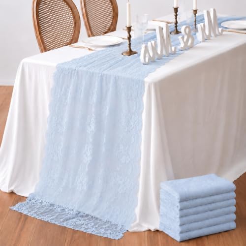 Remagr 6 Pcs Dusty Blue Lace Table Runners 30" x 120" Floral Wedding Decor by Remagr