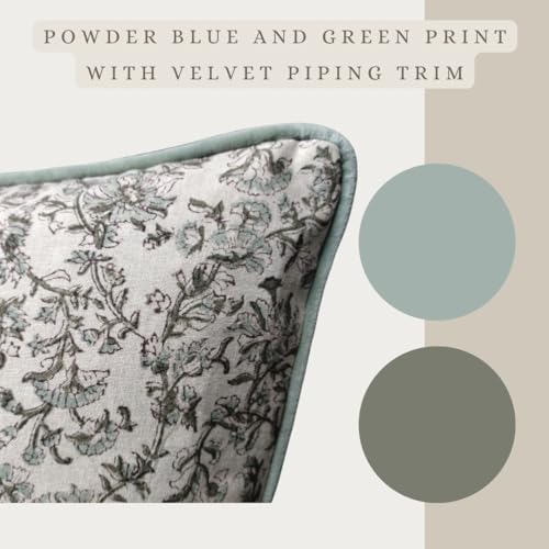 Palm & Loom 100% Cotton Linen Cushion Cover - Decorative Throw Pillow Case with Powder Blue & Green Print with Pipping - Traditional Living Room, Bedroom Pillow Cover (Jal, 20" x 20" (Pack of 1)) - Image 2