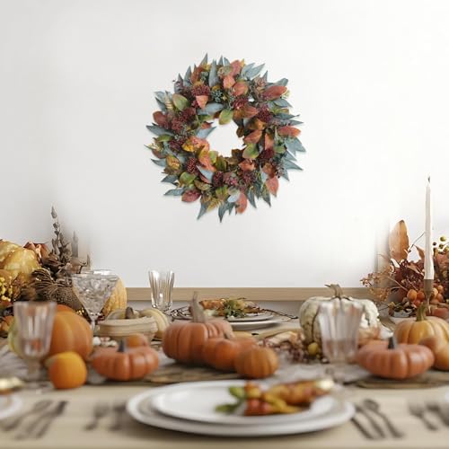 22-inch Fall Front Door Wreath Artificial Green Brown Autumn Leaf Red Thorn Fruit Fall Wreath Farmhouse Courtyard Indoor Outdoor Decoration Thanksgiving Harvest Festival Party Decoration - Image 5