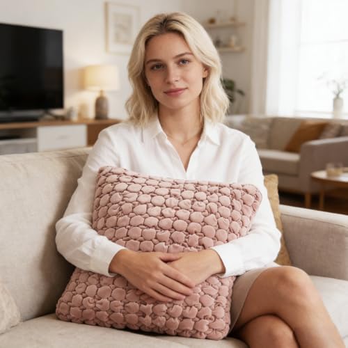 Pillow Covers 24x24 Set of 2 Velvet Euro Shams Decorative Farmhouse Pillowcases Boho Square Cushion Covers Soft Bubble Texture for Couch Sofa Bed Bedroom Car Living Room,Pink - Image 3