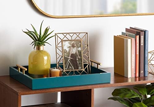 Kate and Laurel Lipton Mid Century Modern Decorative Wood Tray with Brushed Gold Metal Handles, Dark Teal - Image 4