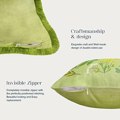 Phantoscope Pack of 2 Happy Easter Throw Pillow Covers - Tassel Trimmed Printed Colorful Flowers and Rabbits Spring Farmhouse Decorative Easter Pillows, Light Green, 18x18 Inches - Image 3