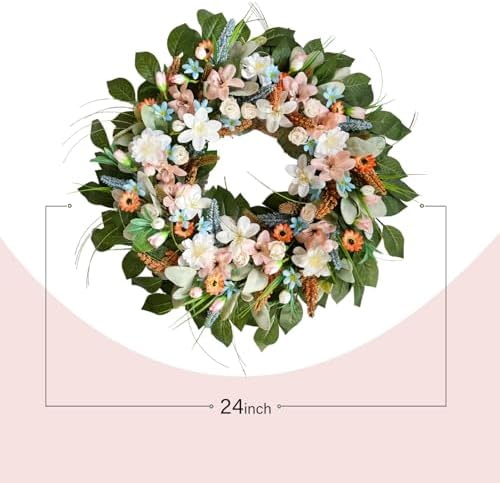 24 Inches Spring Wreaths for Front Door Spring Door Wreath Summer Floral Wreath with Wildflower for Wall Porch Indoors Outdoor Window Home Farmhouse Decorations - Image 3