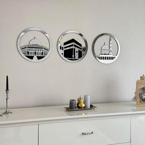 iwa concept Set of Masjid Al Aqsa, Masjid Al-Haram & Masjid An-Nabawi Islamic Wall Art | Wooden Acrylic Kaaba Wall Decor | Ramadan Decoration | Muslim Gift | (Medium, Silver) - Image 5