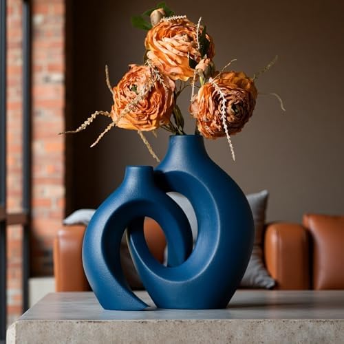 Levvohd Snuggle Hollow Ceramic Vase Set of 2, 8.4 inch Modern Nordic Coastal Shaped Pampas Grass Aesthetic Decorative Table Vases for Home Decor (Matte Navy Blue - M) - Image 4