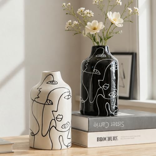 Kimdio Ceramic Vase Set, 2pcs Black and White Abstract Irregular Design Flower Vases, Modern Home Decor Living Room Decor Minimalist Decorative Vase for Pampas Grass by Kimdio