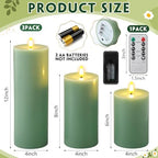 3 Pcs 6/8/12" Sage Green Flameless LED Candles Battery Operated & Remote - Image 2