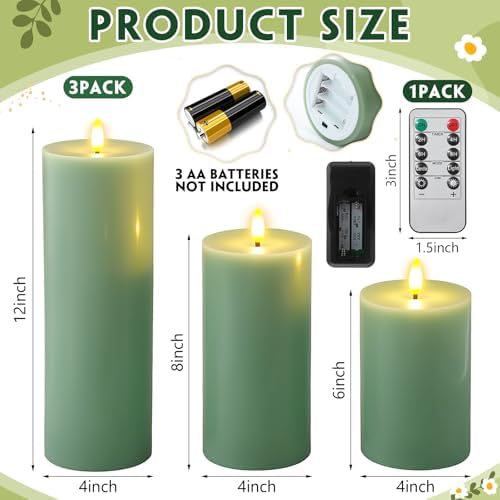 3 Pcs 6/8/12" Sage Green Flameless LED Candles Battery Operated & Remote - Image 2