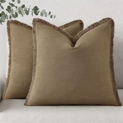 decorUhome Linen Fringe Light Brown Throw Pillow Covers 20x20 Set of 2 by decorUhome