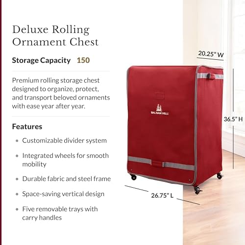 Balsam Hill Deluxe Rolling Ornament Chest - 150pc Christmas Decoration Storage with Dividers & Trays - Image 3