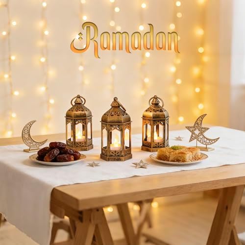 Mini Moroccan Lanterns with LED Tealight Set of 12, Vintage Brown Decorative Hanging Lanterns for Ramadan, Christmas, Halloween, Wedding, Fairy Party Decorations, Table Centerpiece - Image 3