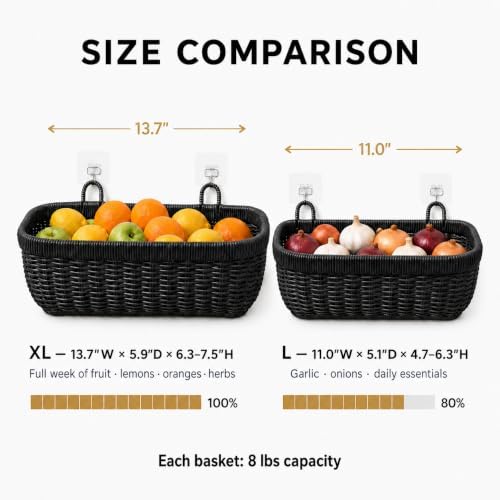 AceList Wall Hanging Basket, Boho Style Hand-Woven Hanging Storage Baskets - Set of 2, Ideal for Kitchen, Garden, Boho Room Decor, and Living Room (Black, 2 pc (large)) - Image 2