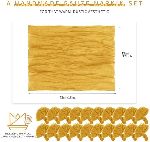 100 Pieces Cloth Napkins Gold Dinner Cheesecloth Napkins for Wedding,Wrinkled Cloth Napkins Bulk for Home Party Rustic Table Decoration, 17 x 17 Inch - Image 2