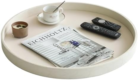 HofferRuffer Large Round Serving Tray 24'', Elegant Faux Leather Circle Ottoman Table Tray, Serve Tea Coffee Breakfast in Bedroom Living Room Kitchen (White, 24'') - Image 3