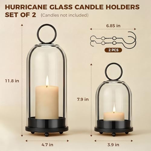 5"&4" Hurricane Glass Candle Holders, Hanging Black Metal Candle Holder - Image 2