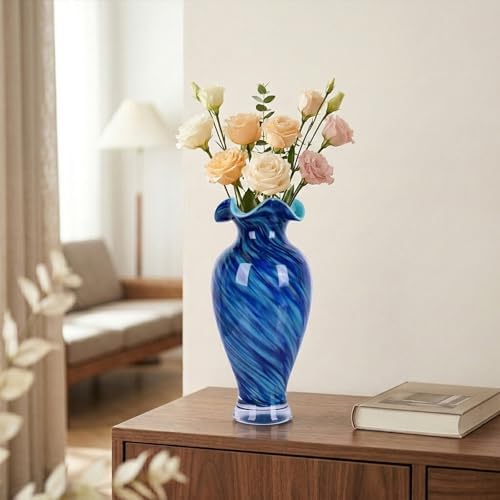 12in Tall Hand Blown Glass Vase Unique Ruffle Wide Mouth Vases, Elegant Modern Glass Flower Decorations Vase, Beautiful Colorful Vases for Home Living Room Bookshelves Wedding High End Centerpieces - Image 3