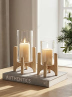 NUPTIO Hurricane Glass Candle Holders with Wood Stands, Set of 2 by Nuptio