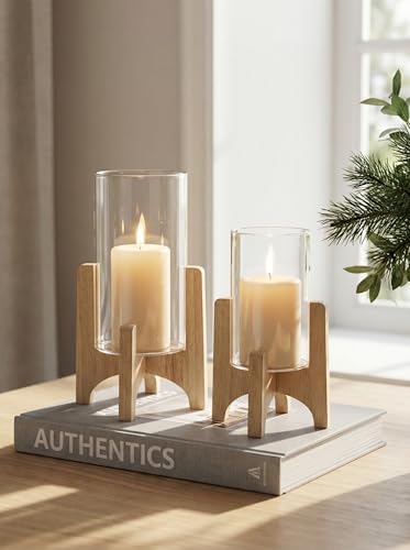 NUPTIO Hurricane Glass Candle Holders with Wood Stands, Set of 2 by Nuptio