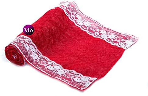 VDS Pack of 15, Burlap Table Runner with White Lace Edge, 100% Natural Jute Rustic Hessian Table Cloth Centerpiece for Wedding Birthday Party Banquet Table Decoration (Size 12X108 Inch)(Red) - Image 3