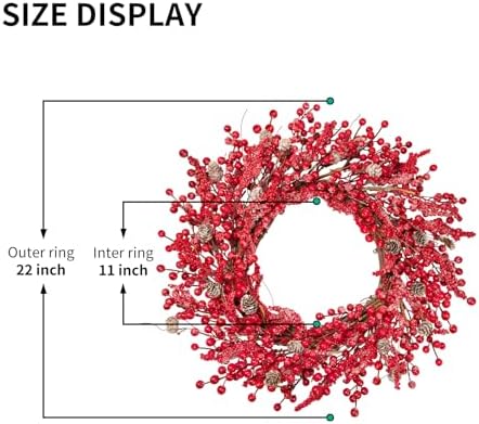 24 Inch Winter Christmas Wreath with Frosted Berries & Pine Cones, Red and White Artificial Wreath for Front Door, Snowy Effect Holiday Decor for Indoor and Outdoor Use - Image 2
