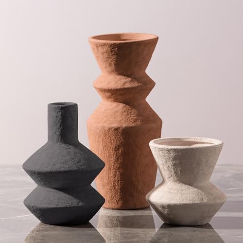 Ceramic Vase Home Table Decor - Flower Vase Set of 3 Living Room Kitchen Decorations Farmhouse Modern Rustic Vases Decorative Centerpiece for Shelf Bedroom Office Bathroom Dining Coffee Desk by VanseliaHome
