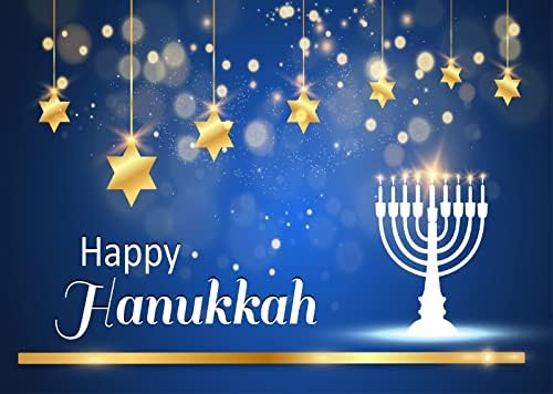 BELECO 9x6ft Fabric Happy Hanukkah Photography Backdrop Blue Chanukah Holiday Decorations Banner Background Menorah Golden Stars Bokeh Glitter Spots Jewish Holy Festival Party Supplies Photo Props by BELECO