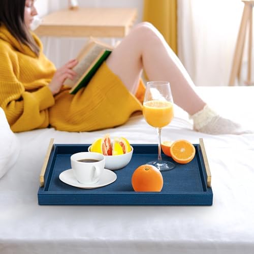 XIGEXIGE Navy Blue Decorative Serving Tray, Shagreen Leather Coffee Table Tray, Rectangle for Home Decor - Image 6