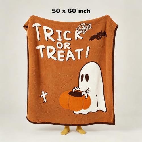 Halloween Trick or Treat Ghost Throw Blanket, Soft Fleece Blanket with Cute Ghost Pumpkin Bat Spider Web Pattern, Seasonal Fall Decorative Blanket for Sofa Bed Couch (50x60 Inch) - Image 2