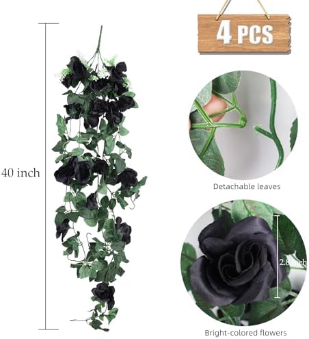 RECUTMS 4PCS Artificial Black Rose Fake Hanging Flowers Garland with Lights - Image 2