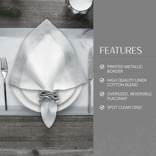 Elrene Home Fashions Villeroy & Boch Metallic Brushstroke Modern Linen Blend Placemat Set, 14 Inches x 20 Inches, Set of 4, White and Silver - Image 4