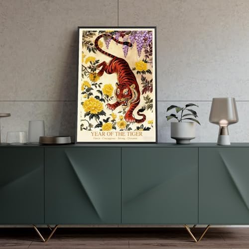 Chinese Lunar Year of the Tiger Art Print – Traditional Oriental Wall Decor with Yellow Peony & Wisteria for Dynamic Aesthetic Home Decoration 24X36 in Black Framed - Image 4