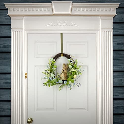 National Tree Company Artificial Spring Wreath, Woven Branch Base, Decorated with Wooden Bunny, Blue Flower Blooms, Pastel Eggs, Berries, Easter Collection, 16 Inches - Image 2