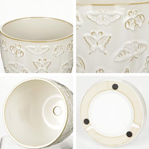 Hollyone 6 Inch White Ceramic Planter Flower Plant Pot with Drainage Hole and Saucer for Plants Embossed Indoor Outdoor Garden Embossed Ceramic Glazed Round Pot for Succulent Orchid Butterfly Pattern - Image 3