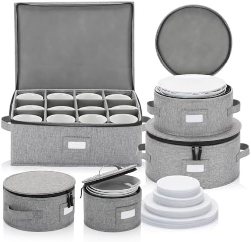 Stack Store Plus More China Storage Set for Plates, Cups and Mugs - 5 pc set - Hard Shell and Stackable, Fully Padded Interior, 48 Plate Dividers Included by Stozu