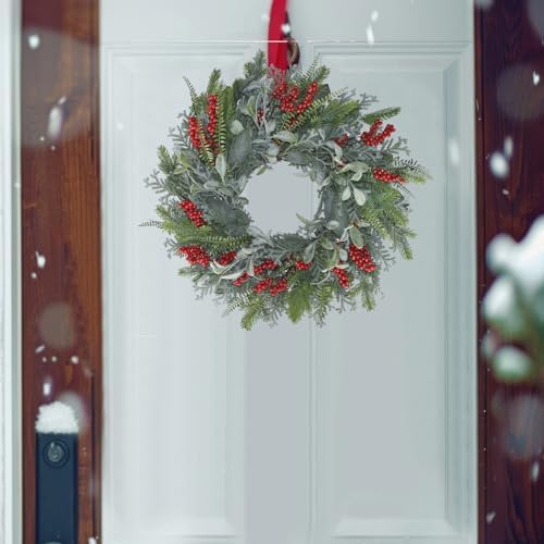24” Green Faux Pine Christmas Wreath with Red Berry– Mixed with Fake Norfolk Cypress, Cedar & Lamb Ear, Xmas Winter Wreaths for Front Door Porch Mantel & Fireplace - Image 2