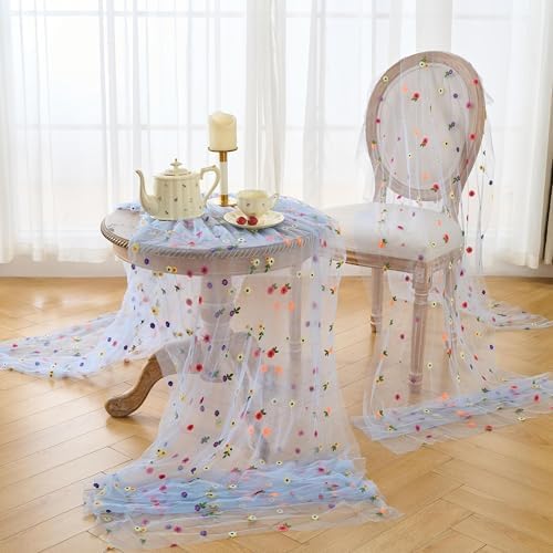 6PCS Blue Floral Table Runner 10 FT, Embroidery Daisy Table Runners Seasonal Spring Summer Sheer Tulle Dining Table Decor for Home Party Birthday Decor 29x120 Inch ﻿ - Image 5