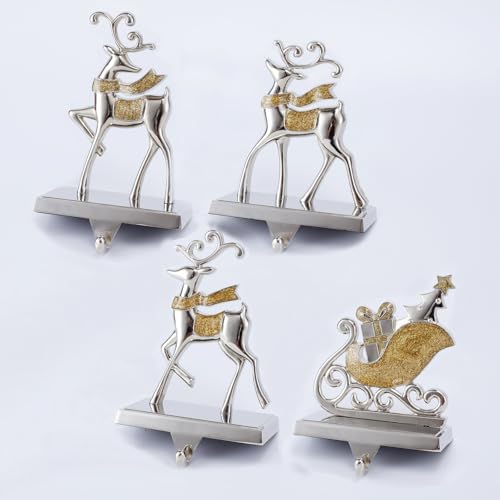 Reindeer & Sleigh Stocking Holder Set for Mantle Set of 4,Deer Stocking Hangers for Firepiece,Christmas Decorations Mantel Hanger for Stocking/Garland (Silver with Gold) by Cesdai