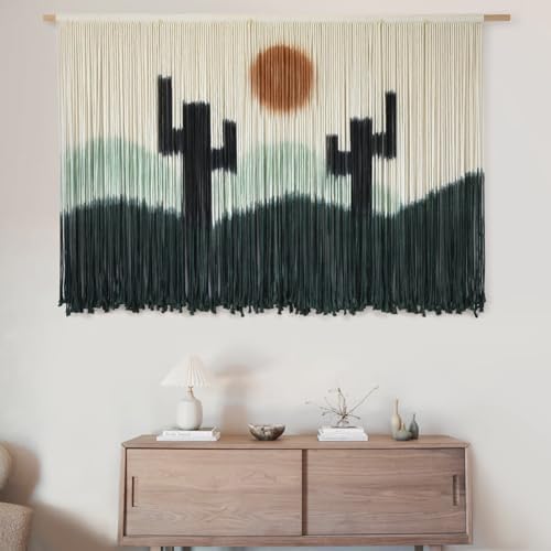 Macrame Wall Hanging Handmade Green Cactus Dip-Dye Fiber Art 57"W*35"L - Image 4